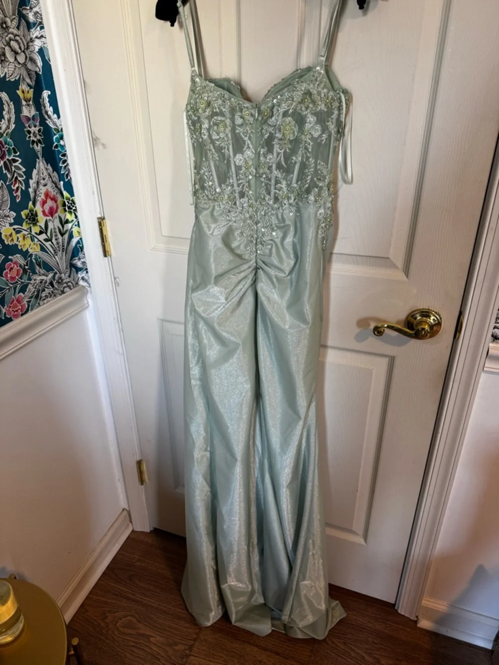 Mermaid V Neck Sheer Beaded Corset Slit Prom Dress with Side Draping Sage NWT 0 - Picture 8 of 9